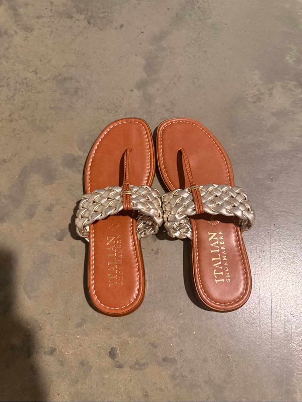 Italian Shoemakers Brown Leather Sandals with Braided Metallic Strap
